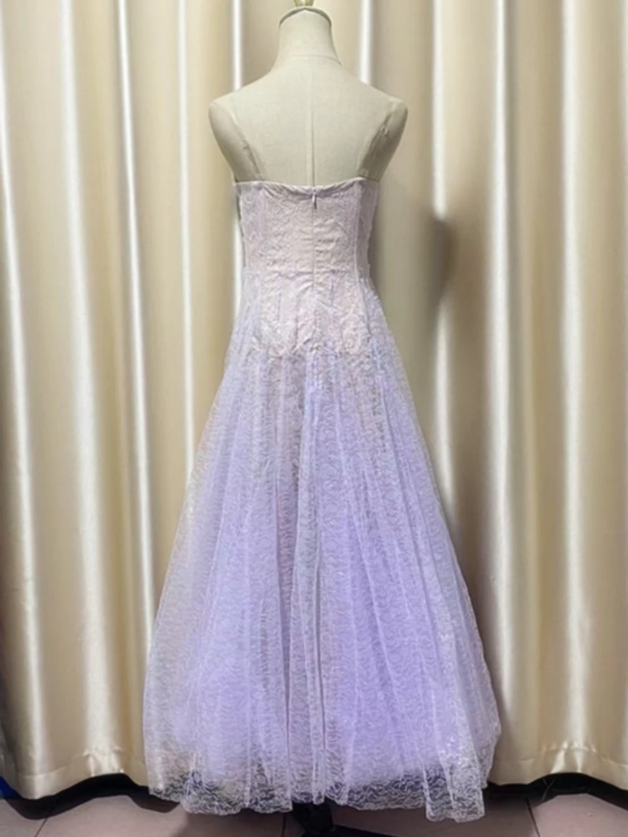 TWOTWINSTYLE Solid Sheer Spliced Mesh Elegant Midi Dresses for Women Strapless Sleeveless Patchwork Folds Dress Female Fashion