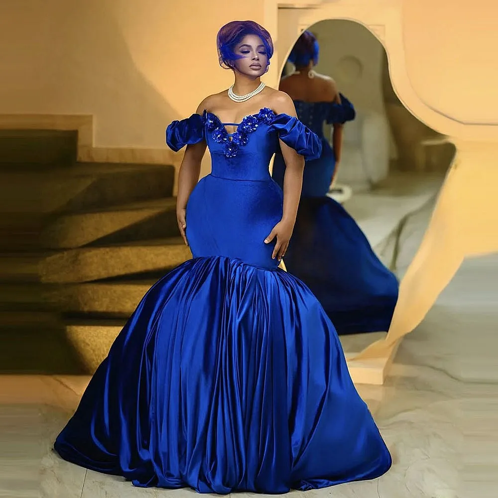 

Royal Blue Mermaid Prom Dresses Off The Shoulder vestidos de fiesta Handmade Flowers Sequins Plus Size Evening Party Dress