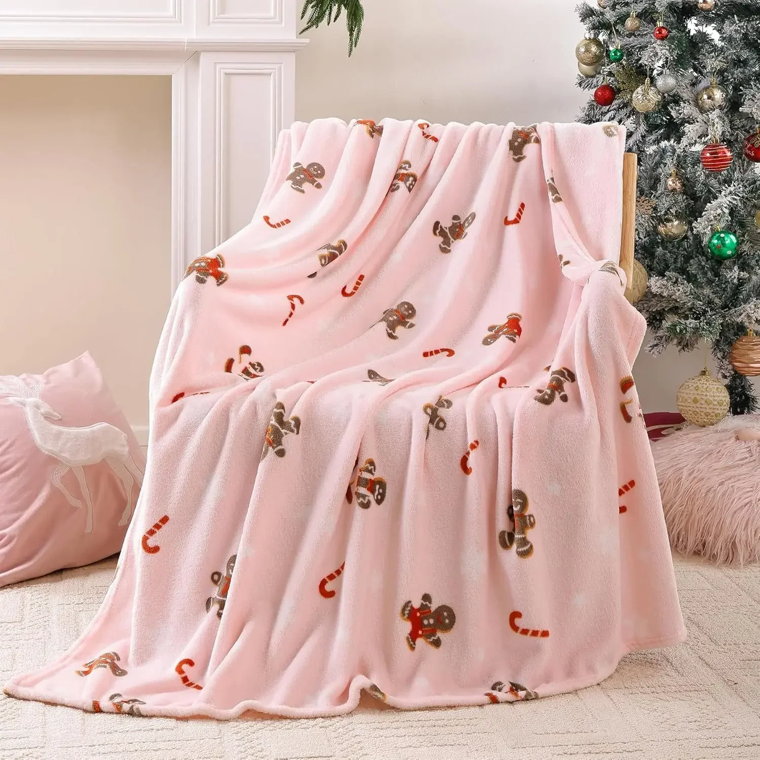 Pink Gingerbread Christmas Blanket Thick and warmblanket fluffy Suitable for winter sofa bed Home Decoration Camping