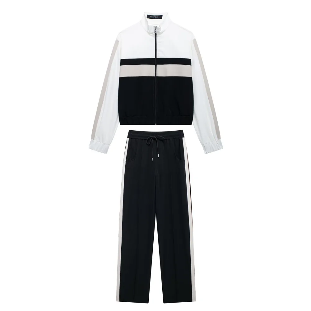 2024 Autumn Contrast Color Black White Striped Sweatshirt Elastic Waist Wide Leg Trousers Women Sports Pants Matching Set