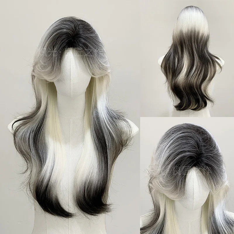 

Wig female medium black and white gradual change burst top dye long curly hair full hood