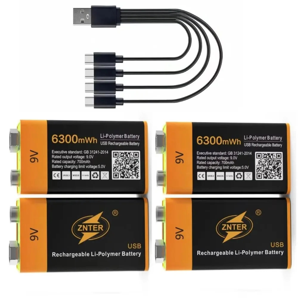 

4pcs/lot 9V rechargeable battery 6300mWh 6F22 USB lithium-ion battery is suitable for multimeter electronic instrument guitar