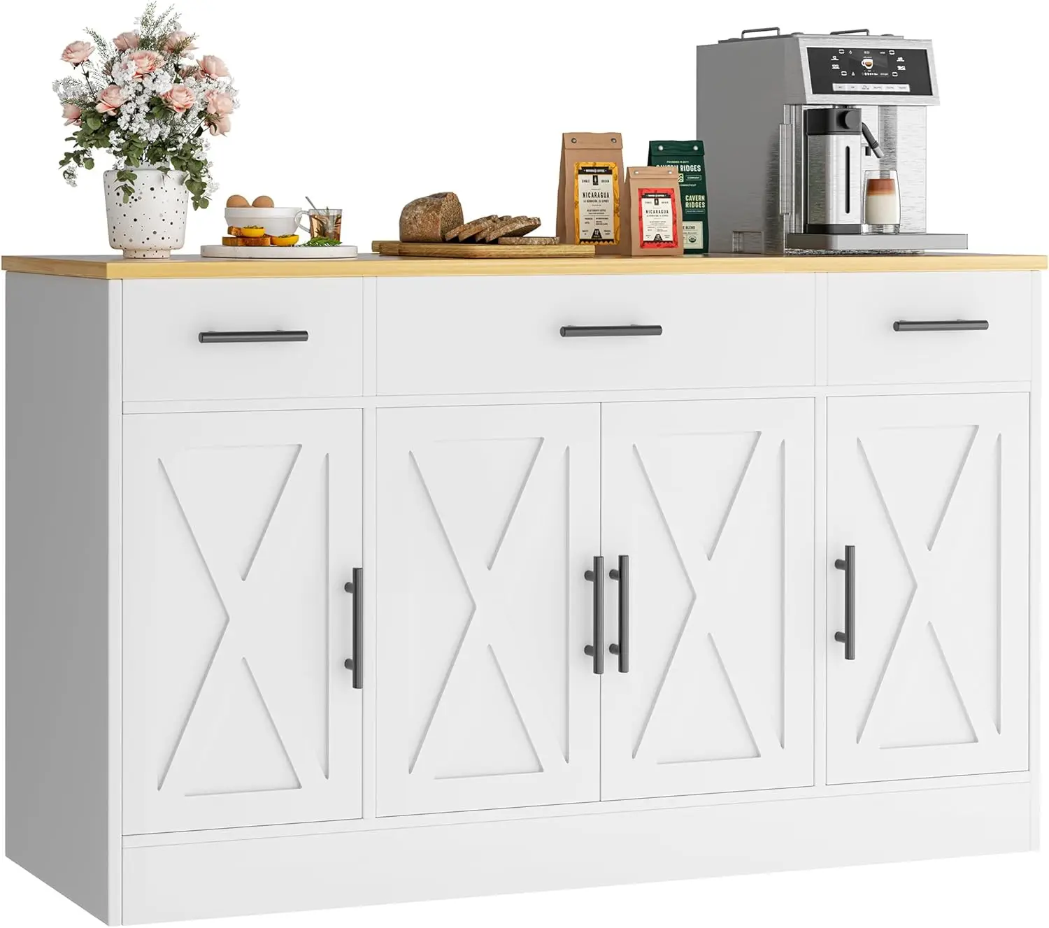 53' Modern Farmhouse Buffet Cabinet with Drawers, White Kitchen Sideboard with Shelves & Doors