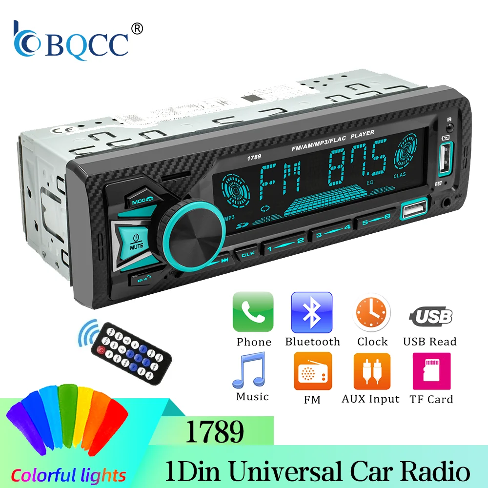 BQCC 1Din Universal Car Radio FM AM Dual Bluetooth Voice Assistant 7-Color LED Lights Audio Stereo Player For Vehicles