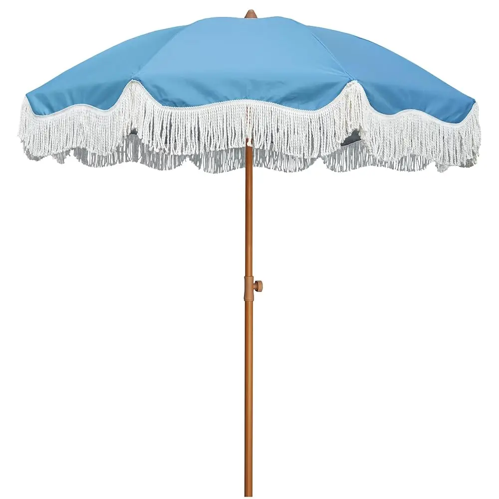 

Boho Fringe Umbrella Outdoor Patio, 6.5Ft Upf50+ Picnic Umbrella With Tassels With Steel Pole And Push Button Tilt, Blue
