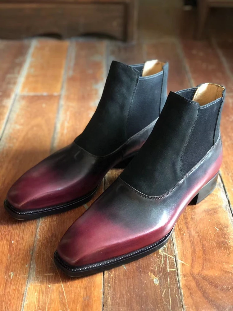 Cie Hand-Painted Wine Chelsea Beveled Waist/Fiddle-back Ankle Boots Leather Sole Men High Quality Can Custom Color MA18