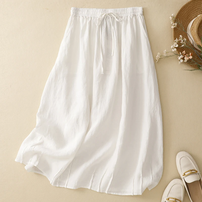 Loose Casual Summer Women's Purple Linen A-Line Midi Skirt Draping Lazy Style Half-length Umbrella Skirt Comfortable Breathable