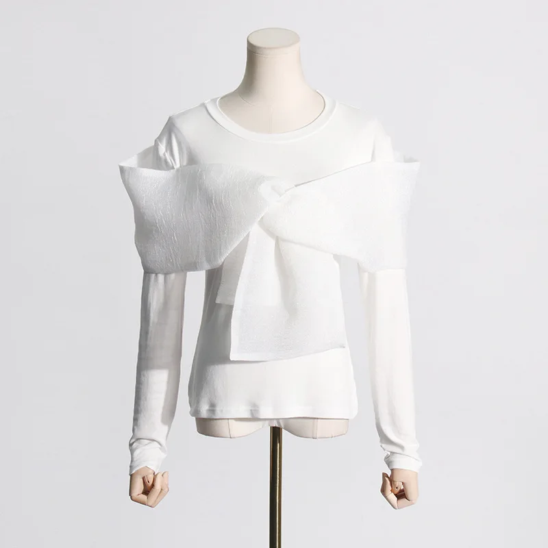 

Fashion niche 2025 spring new long sleeve personality bow solid color T-shirt women's wear