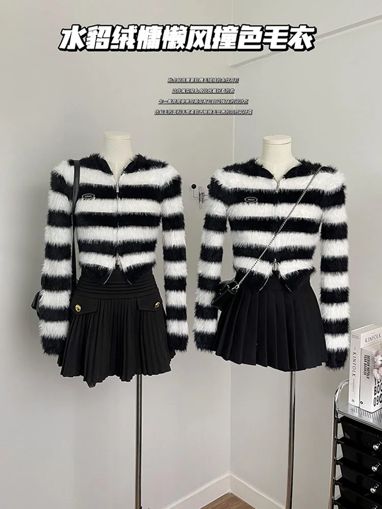 Preppy Style Contrasting Colors Striped Pullovers O-Neck Chic 2000s Aesthetic Plush Elegant Sweater Jumper 2023 Autumn Winter