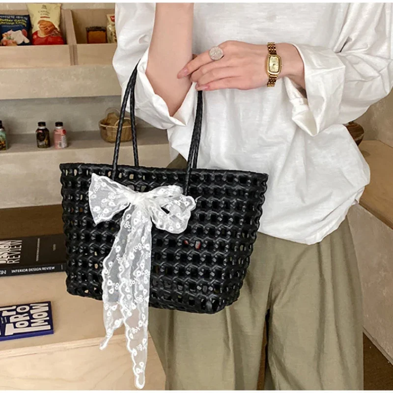 Koreanische Hohlgeflochtene Schleifen-Handtasche, Süße Einfarbige Gemüsekorb-Tasche, Lässige Vielseitige Schultertasche mit Großer Kapazität, Neu – Detail 18