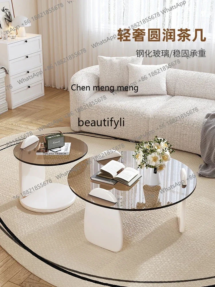 

ss7304Cream Style round Glass Tea Table Combination Living Room Simple Italian Light Luxury Creative Side Table