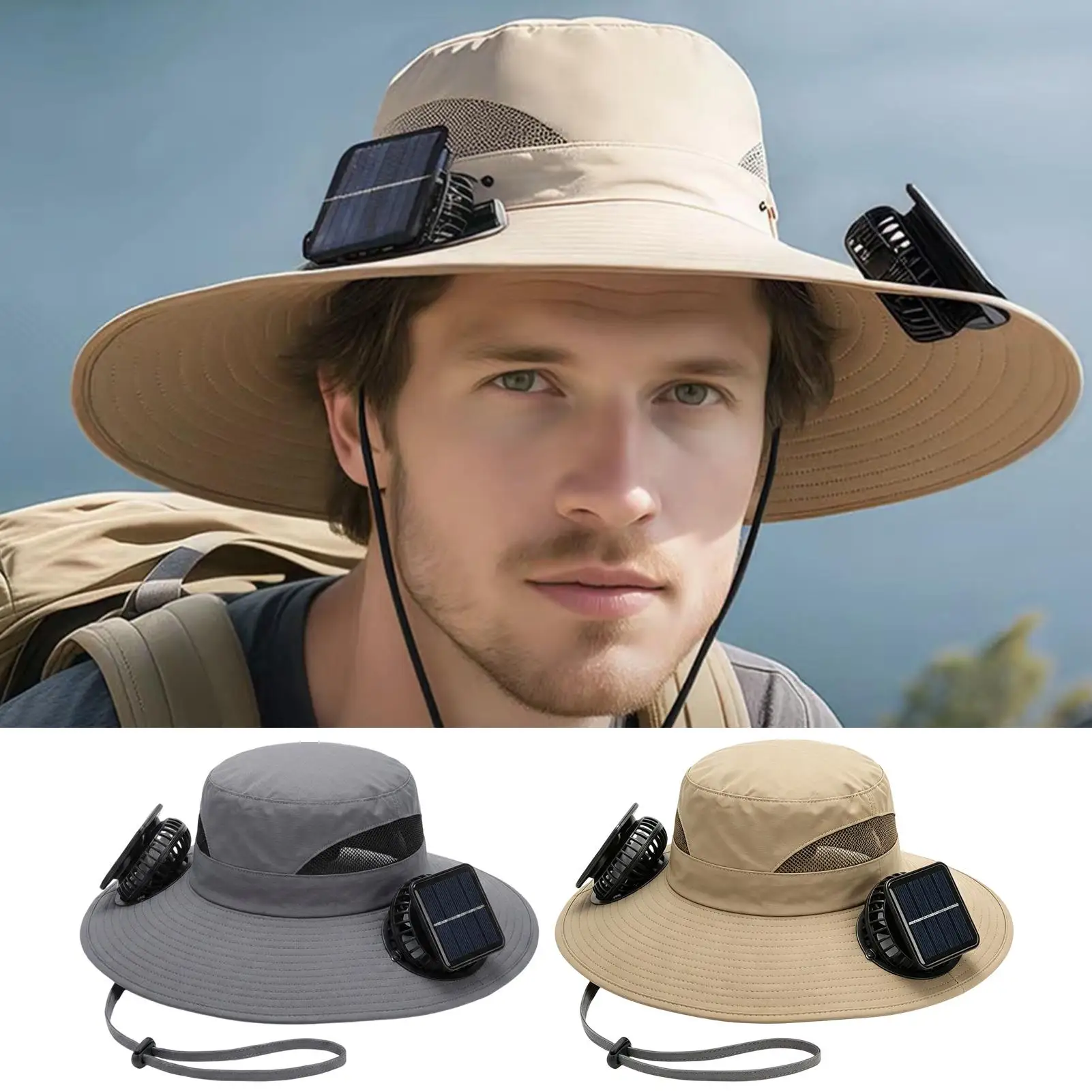 

summer bucket sun hat with wide brim Solar-powered fan hat Solar USB Rechargeable Summer Sun Protection Trucker Hats With 2 fan