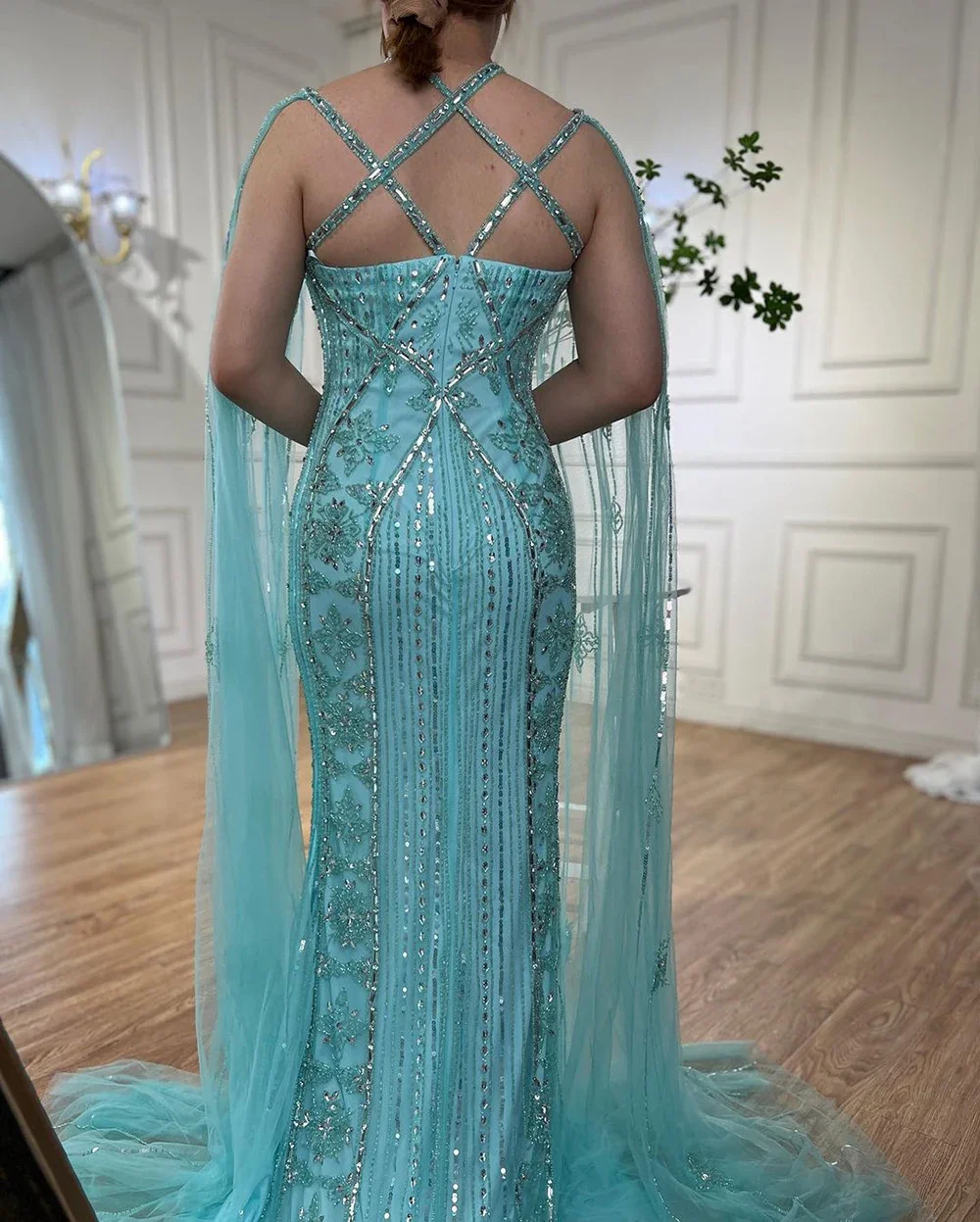 Hot Sale Arabic Dubai Mermaid Prom Dresses With  Cape Sleeves Beaded Evening Dresses Gowns For Women Formal Party فساتين الحفلات