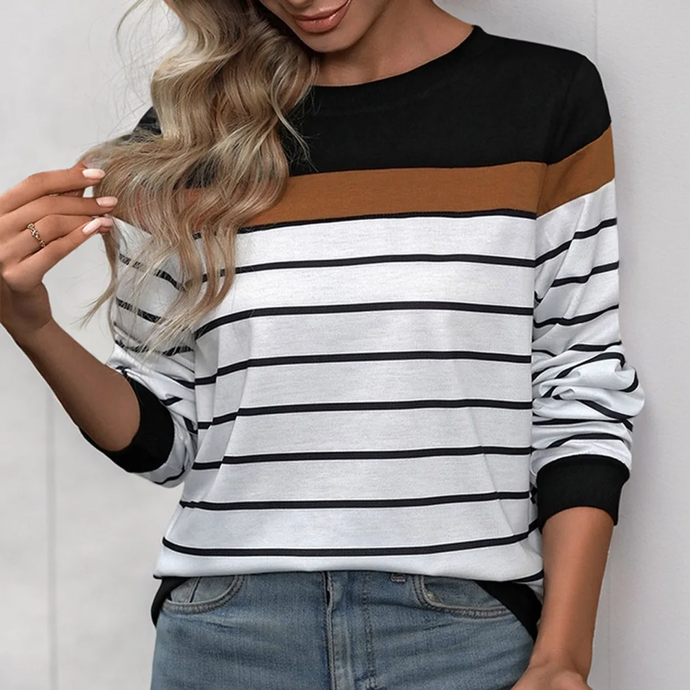 Women's Striped Print Long Sleeve Round Neck Tee Top Color Block Soft Knit T-Shirt Relaxed Pullover Daily Strips Tees Y2K 2024