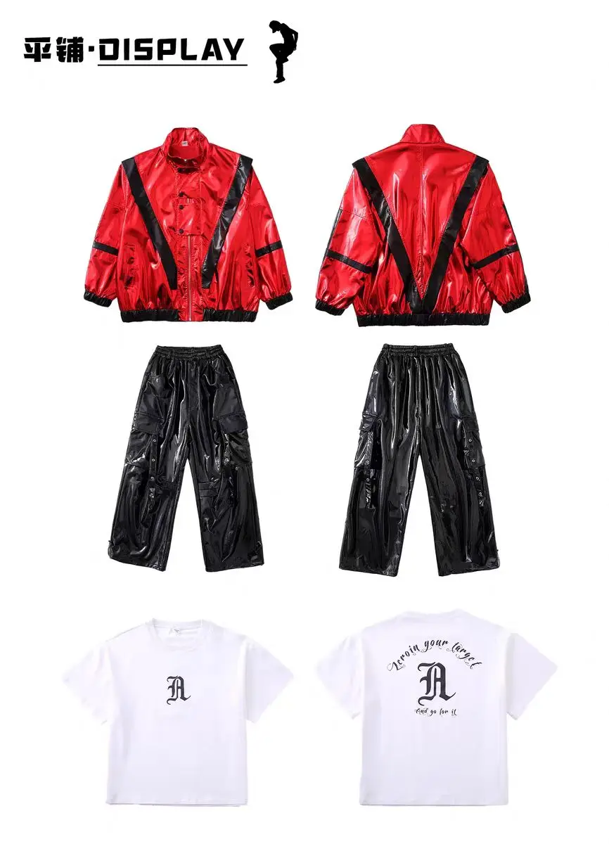 2026 new K-pop Contrast Shiny Leather Jacket Street Dance Cargo Pants Hip Hop Streetwear Jazz Costume Set
