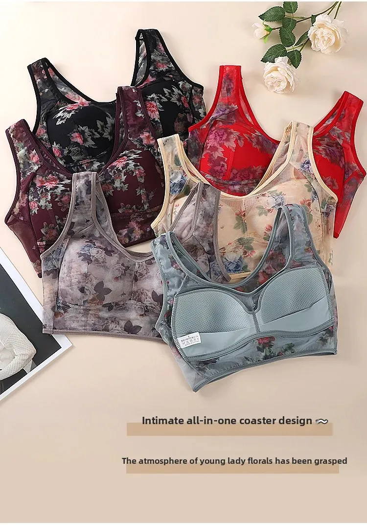 Sujetador de talla grande con copas fijas, inalámbrico, transpirable, fino, estilo chaleco de una pieza para personas de mediana edad y mayores.