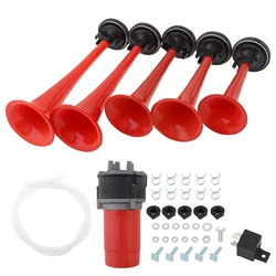125dB Full Complete System 5 Trumpet Musical Sound Air Horn with Compressor, Red / Black / Silver 5 Trumpet Air Horn