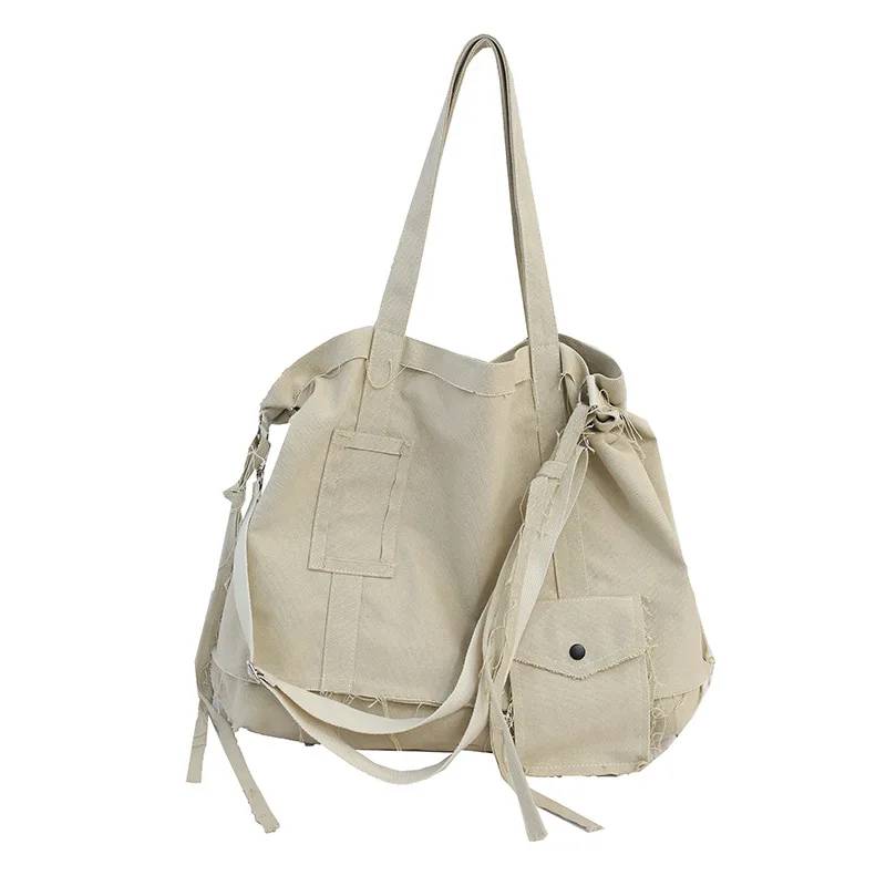 

Women's Slouchy Canvas Bag - Solid Color, Stylish Artistic Design for Single-Shoulder Crossbody Daily Use