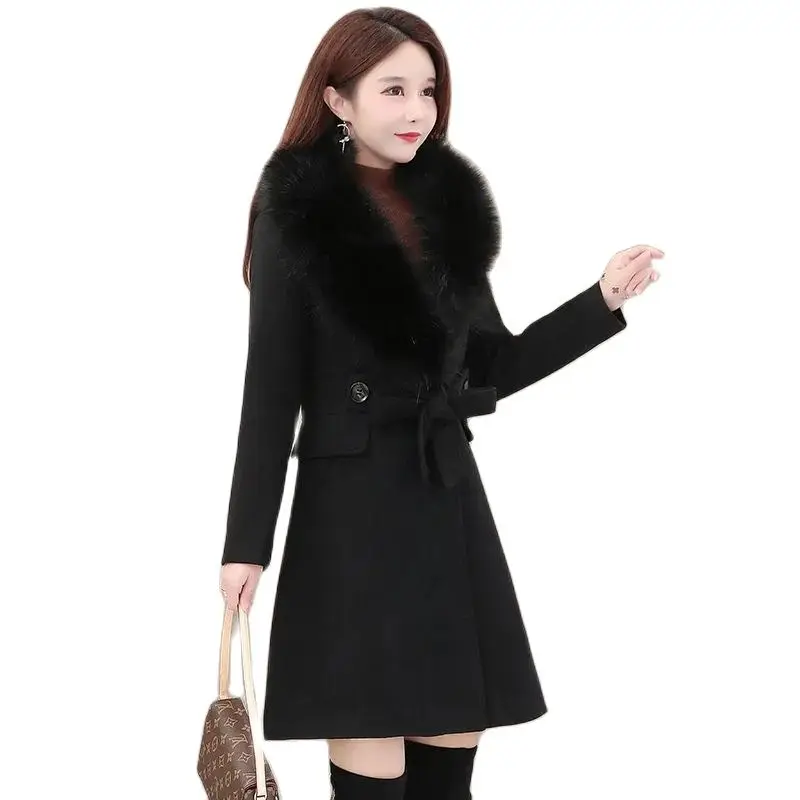 

Fashion Warm Woolen Coat Women's Long Section 2023 New Slim Waist Winter Temperament Big Wool Collar Woolen Coat Female Tide.