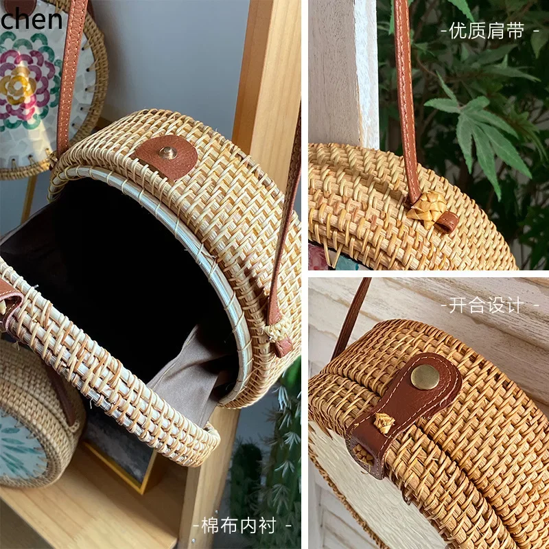 Bolso de Hombro de Mimbre Tejido Estilo Cesta con Diseño de Conchas Coloridas, Vintage, Artístico, Hecho a Mano, con Hebilla de Cuero