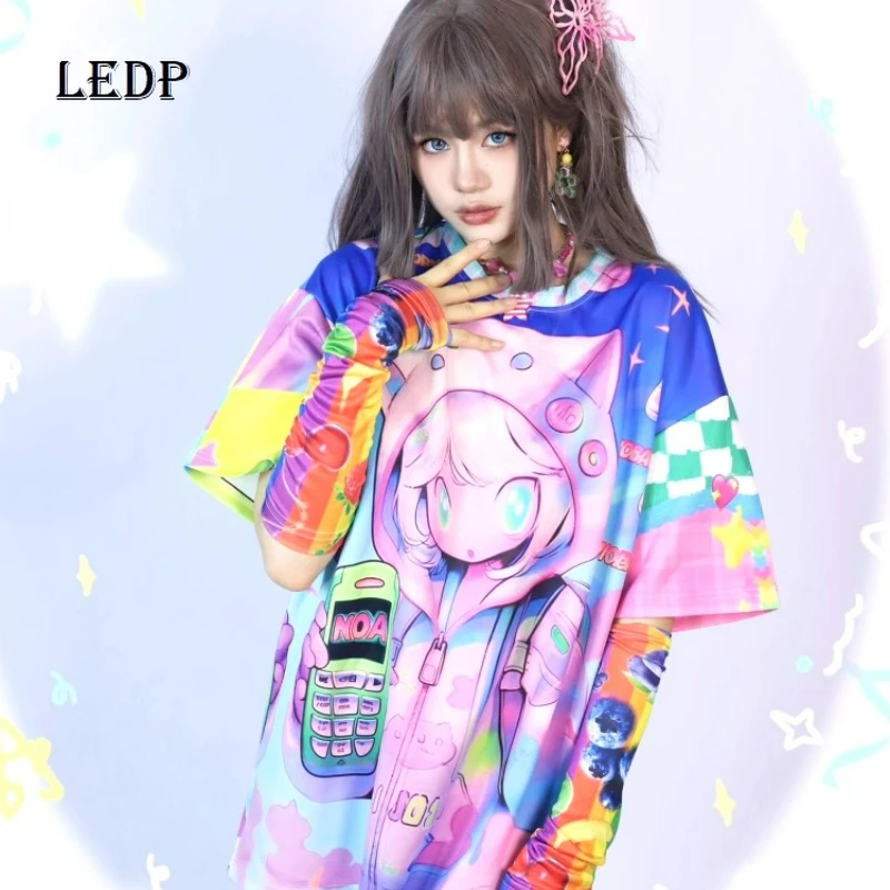 

Японский оригинальный летний красочный женский топ с двумерной мультяшной анимацией и короткими рукавами, милая милая женская футболка Kawaii