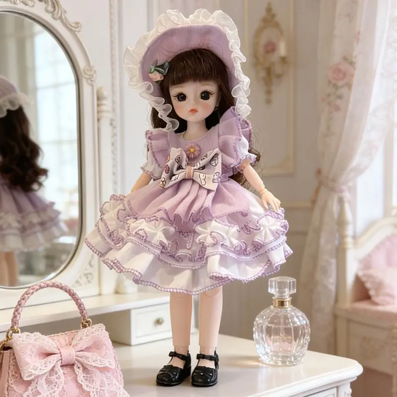Romantic Rose Flower Crown Ruffle Dress for 30Cm Dolls Sweet Pink Princess Party Outfit Contain 1/6 Bjd Doll Clothes and Doll