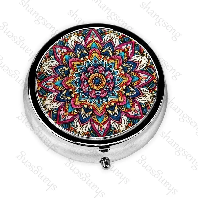 

Geometric colorful mandala Printed Portable Pill Box Wallet Decorated Metal Vitamin Travel Wallet Pocket Small Travel Pill Box