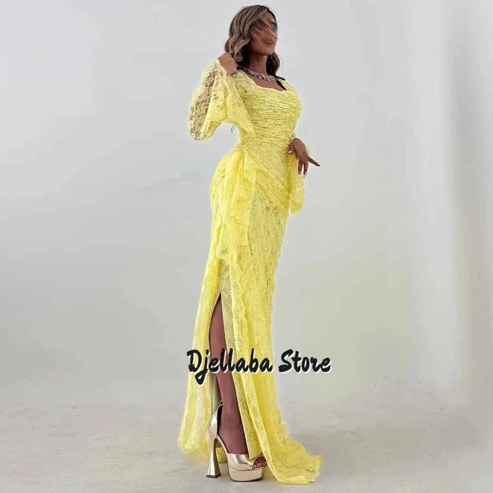 

Customized Yellow Lace Long Sleeves Evening Dresses Luxury Dubai Party Dresses Women Formal Prom Dress Vestidos De Fiesta