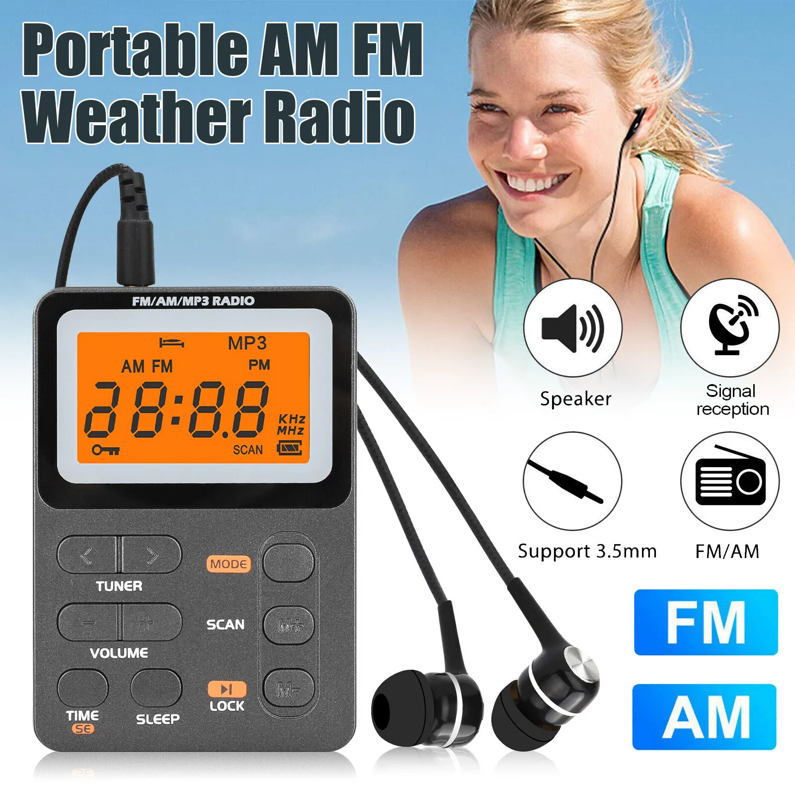 

Mini Digital AM/FM Radio Receiver Stereo MP3 Player LCD Screen USB Rechargeable