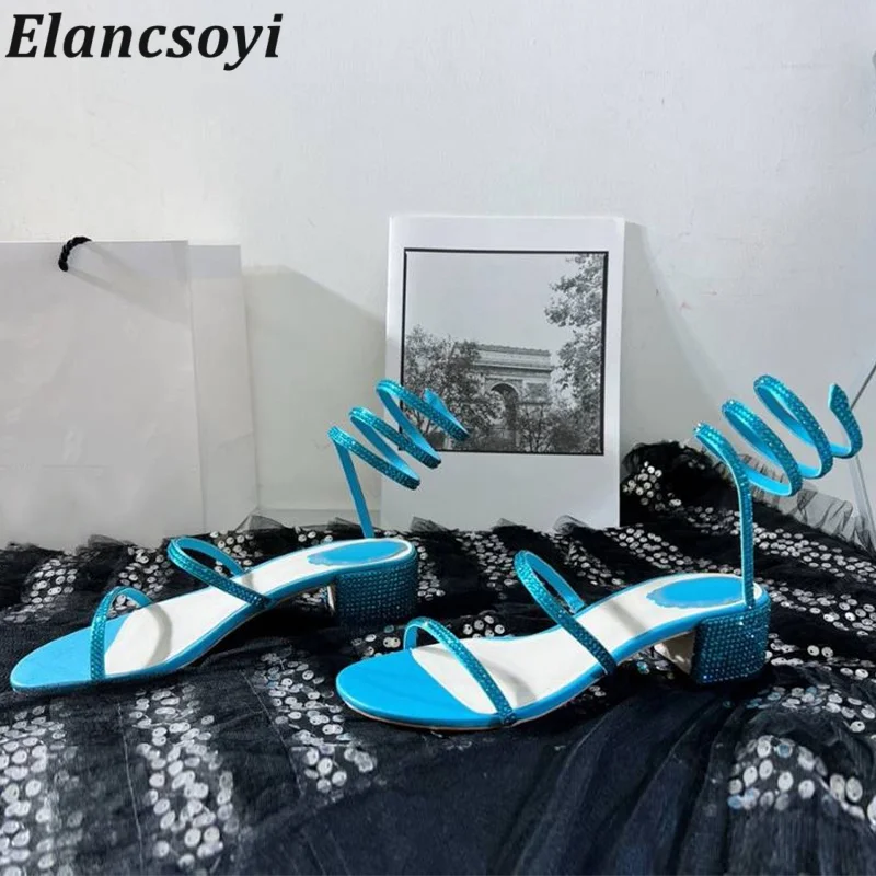 Sandalias Women Shiny Crystal Ankle Snake Shaped Winding Party Shoes Fashion Chunky Heels Gladiator Open Toe Mid Heels Sandals