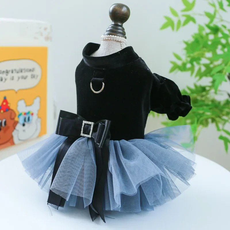 

Dogs Clothing Cat Blue Mesh Tutu Skirt Dog Black Puffy Sleeves Bow Party Dress Small Spring Autumn Elegant Girl Cute Pet Items