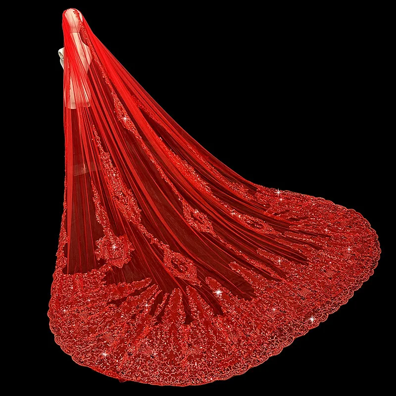 

Saudi Arabia Red Wedding Veil 3.5m Long Bridal Veils 2026 Latest Tulle with Floral Applique