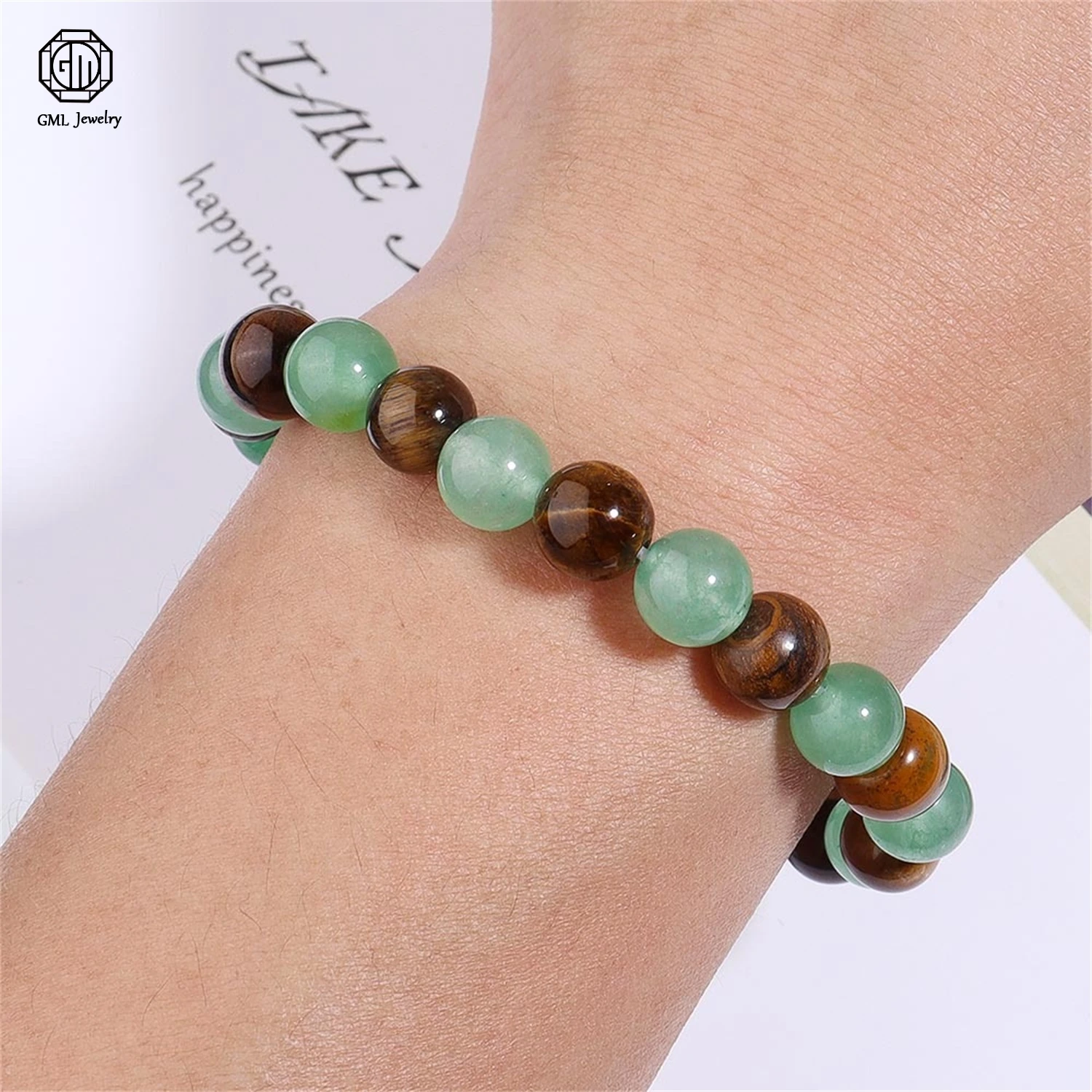 Pulsera Elástica de Ojo de Tigre Amarillo Natural y Aventurina Verde, Unisex, Hecha a Mano con Cuentas, Piedra de Cristal Energética para Hombre y Mujer