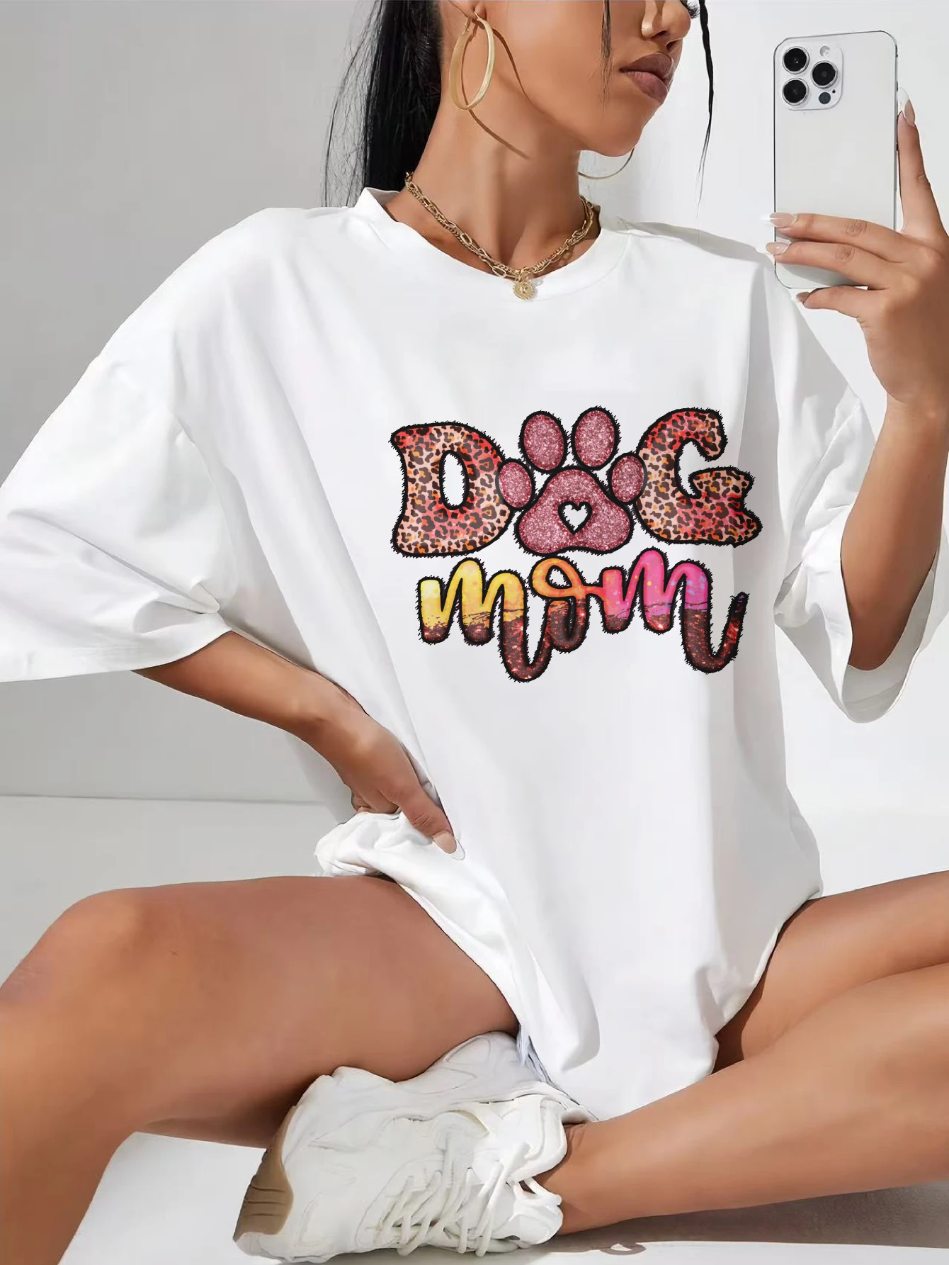 

Dog Mom Sublimation White ribbed round neck maternity tee stretchy side ruching late pregnancy friendly