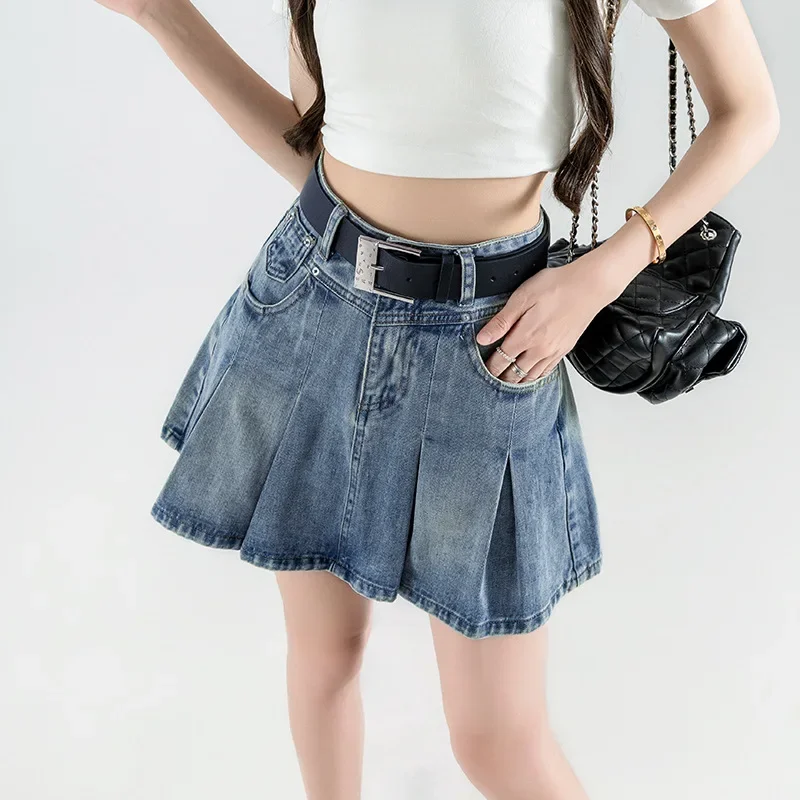 Denim Half Body Short Skirt Women's Summer Design Sense Slim-fit High Waist Spice Girl A-line Pleated Skirt Solid Color Cowboy