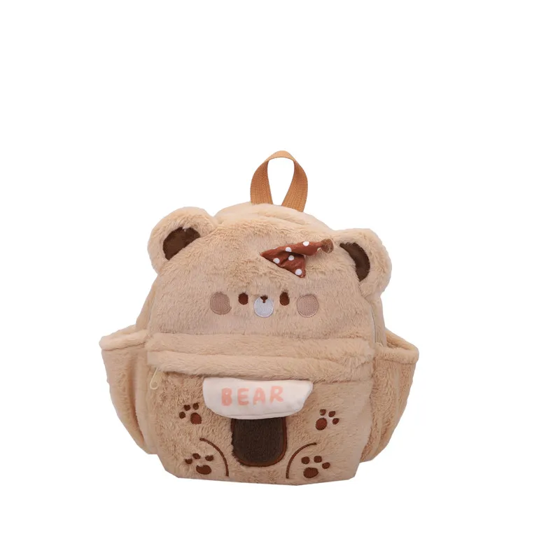 Khaki Plush Backpack Girls Korean Cute Bear Muilt Pocket Rucksack Women Embroidery Shoulder Bag College Style Student Schoolbag