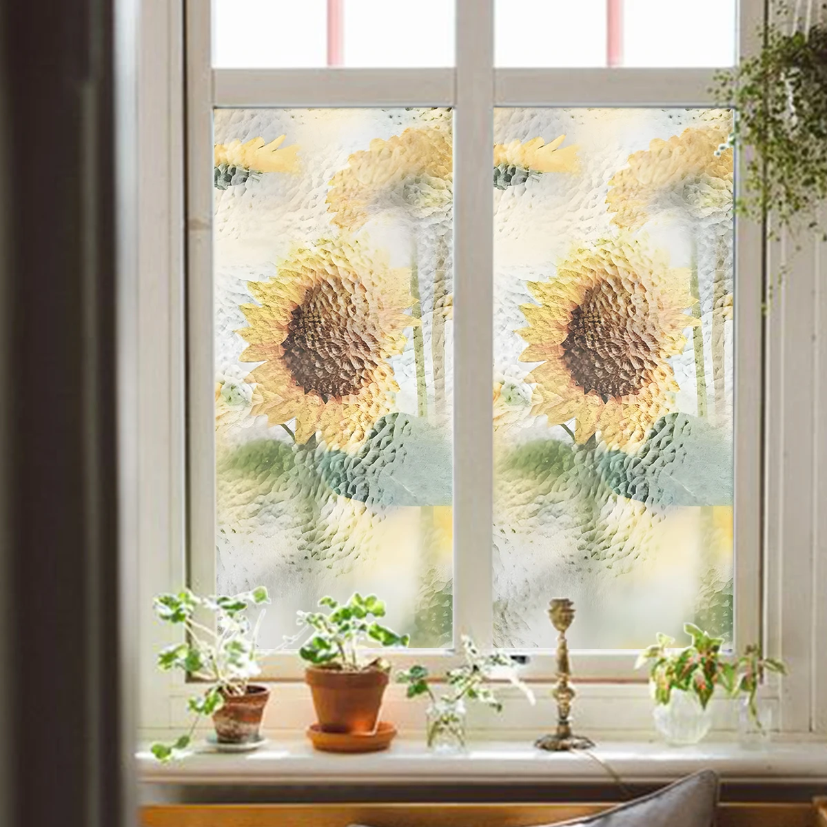 1 Roll Orange Background, Floral Plants, Sunflower Pattern Static Attraction Privacy Window Stickers Frosted Surface Window Film