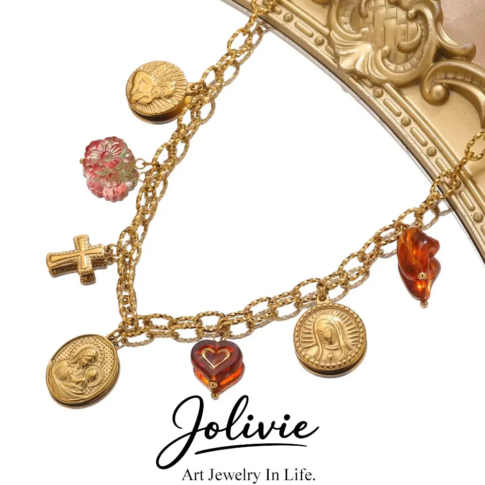 

Jolivie Vintage Stainless Steel Virgin Mary Pendants Necklace For Women Angel Cross Resin Charms Choker Necklace Women's Jewelry