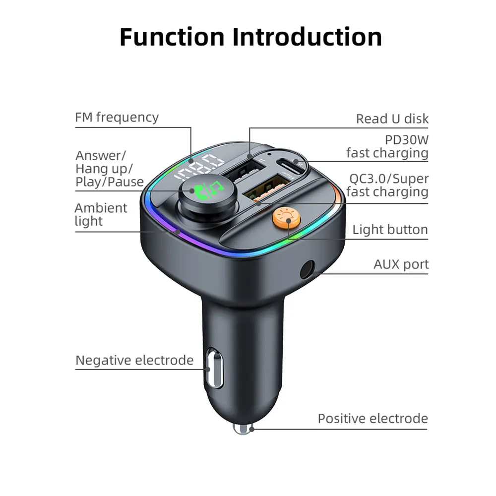 Bluetooth 5.3 Transmissor FM Handsfree Carro AUX Rádio Modulador MP3 Player com 22.5W & PD30W Adaptador de Carga Rápida Acessórios Do Carro