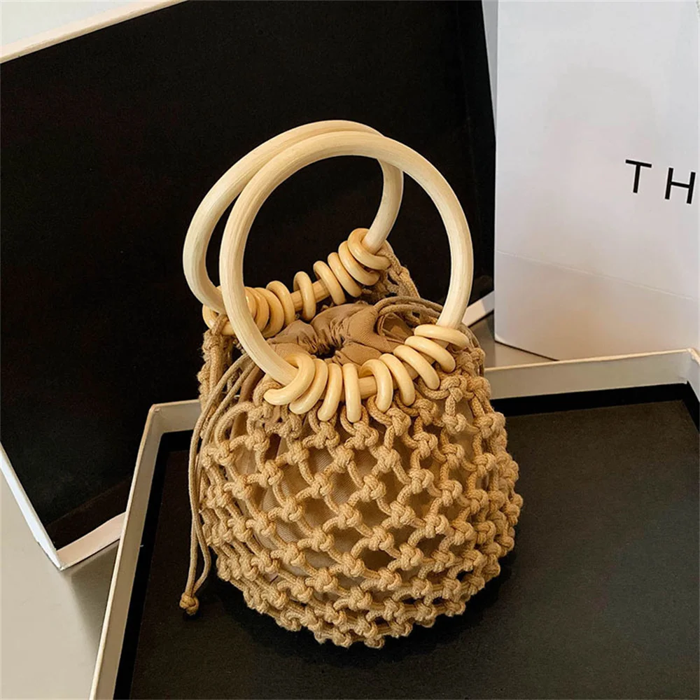 2024 Summer Straw Woven Beach Bag Hollow Fishnet Handbag Women Small Bags Rattan Ladies Purses Fashion Wrist Pack Bucket Tote