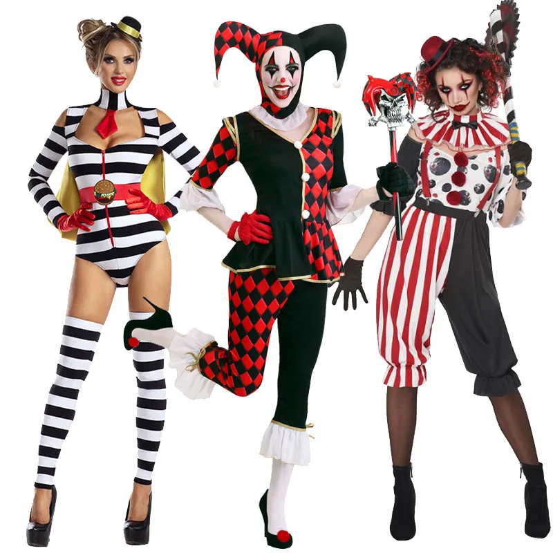 

Halloween Evil Clown Cosplay Joker Costume Adults Women Horrifying Ugly Ghost Circus Clown Costumes Masquerade Party Fancy Dress