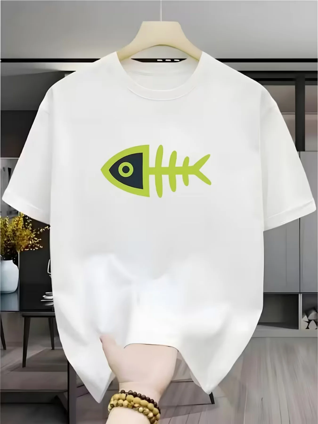 Men Women Loose Cotton T Shirt Minimal Fish Bone Graphic Print Soft Breathable Short Sleeve Top Daily Street Casual Wear