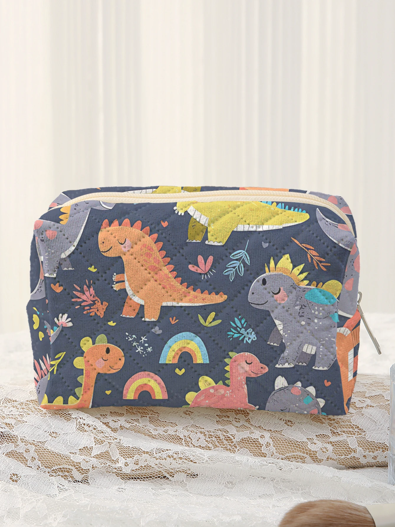 Large Quilted Cosmetic Bag Multi Color Dinosaur Rainbow Heart Floral Print Zipper Makeup Bag Kids Travel Storage Pouch