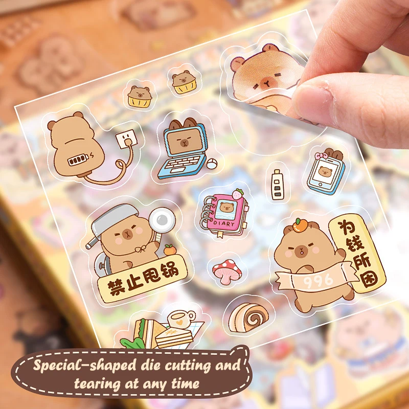 100Sheets Cute Notebook Decoration Stickers Fashion Trendy Capybara Animal Stickers Waterproof Hand Account Stickers Cartoon