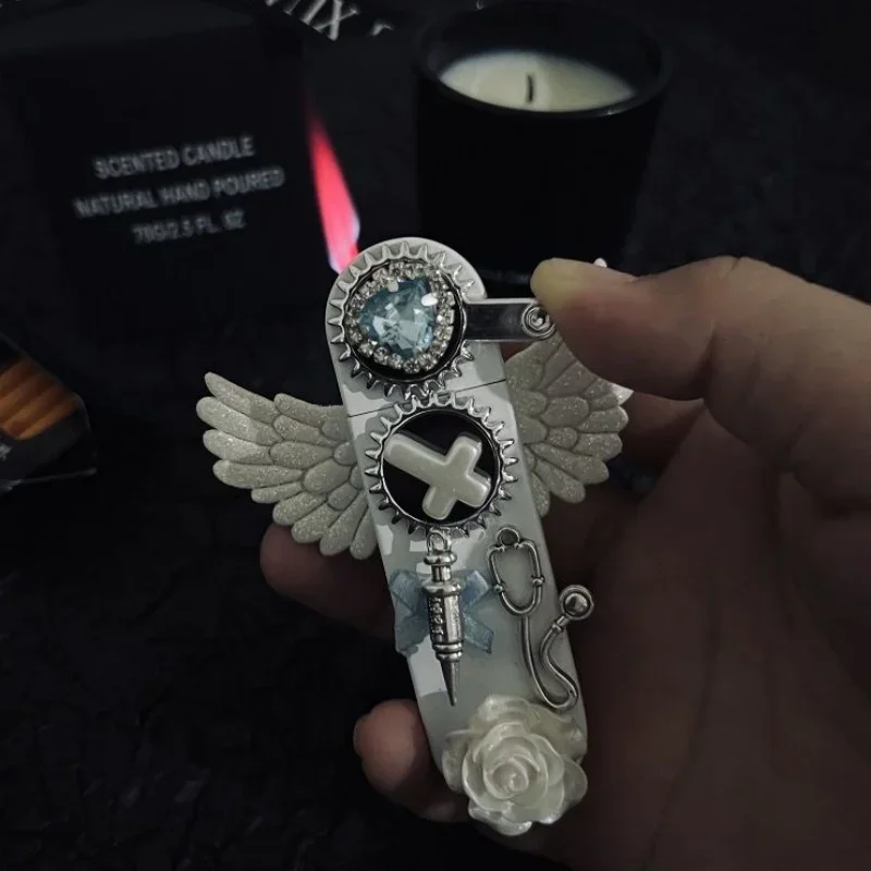 New Angel Wings Pure White Windproof Lighter Jet Holy Pink Flame Inflatable Portable Lighter Cigarette Accessories Girl Gift