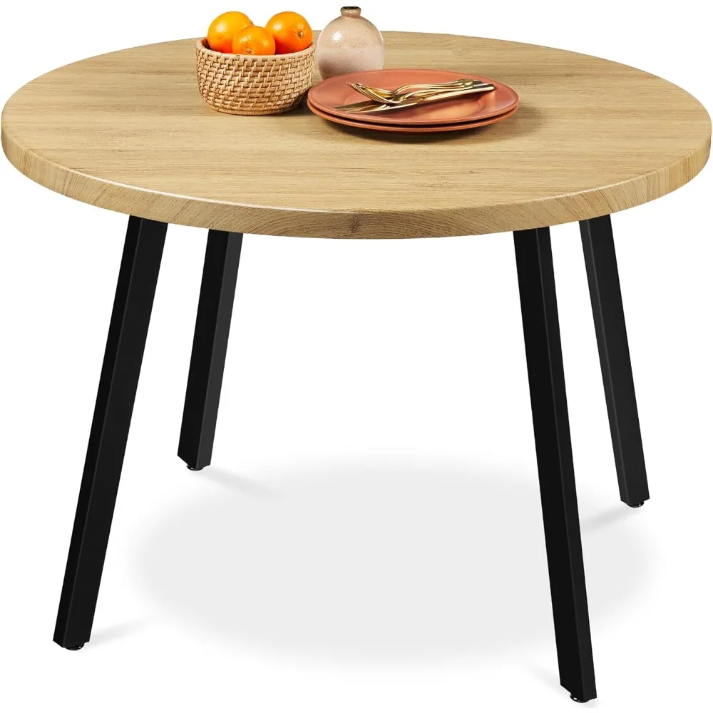 Mid-Century Modern 35.5 Inch Round Dining Table, Compact Dinette for Home or Apartment with Steel Legs in Natural Finish
