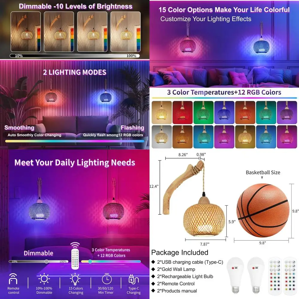

Set of 2 Rechargeable RGB 15-Color Dimmable Wall Sconces with Remote, Bamboo Style Indoor Lighting for Bedrooms