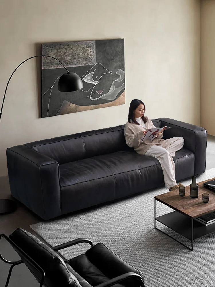 Black cowhide sofa black full leather tofu block living room cowhide sofa