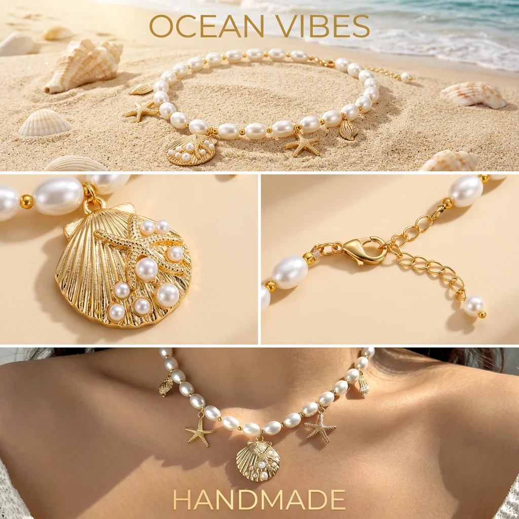 Elegante Imitationsperlen-Kettenkette für Frauen Boho Metall-Muschel-Seestern-Anhänger Halskette Exquisiter Sommerschmuck – Detail 1