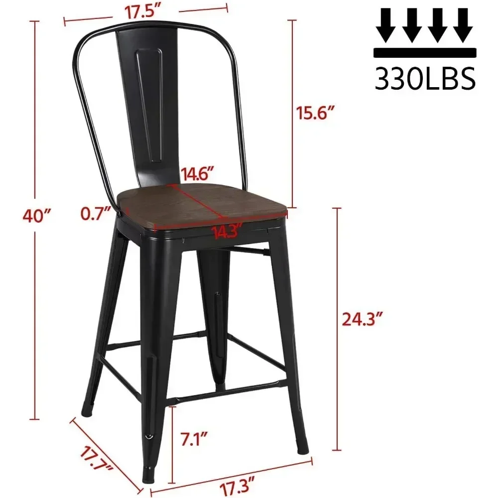 Sgabelli da pranzo da 24 pollici con altezza del sedile, sedie con sedile/appoggio in legno e schienale alto, sgabello industriale ad altezza bancone in metallo, set di 4